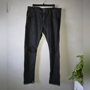 KDNK Men’s Black Skinny Jeans Distressed Knee Ankle Zip 38